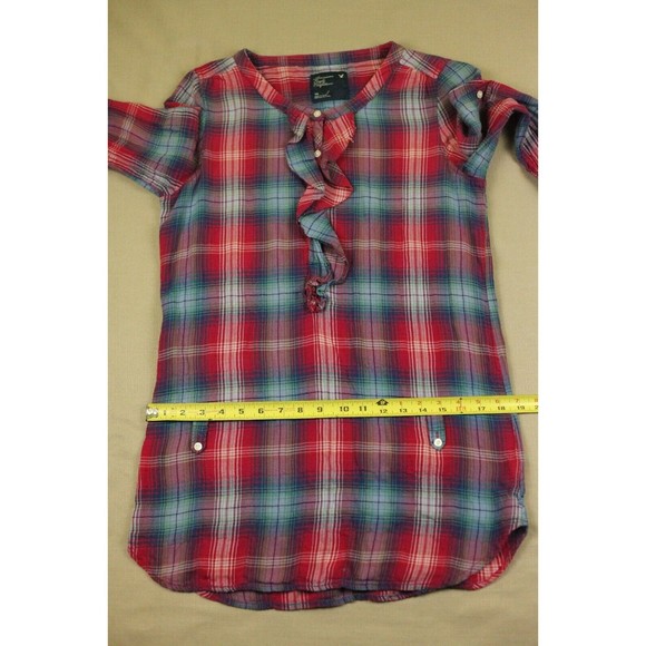 American Eagle AEO Womens Sz 10 Ruched Front Tunic Blouse Long Sleeve Plaid - Picture 10 of 12